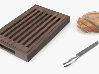 Dark Wood Bread Cutting Board with Knife and Round Loaf 3D model
