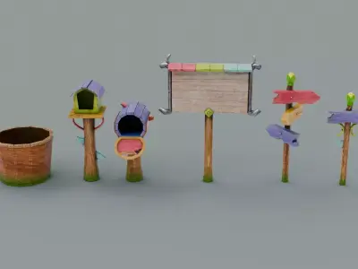 Farm Fence Set Low-poly 3D model