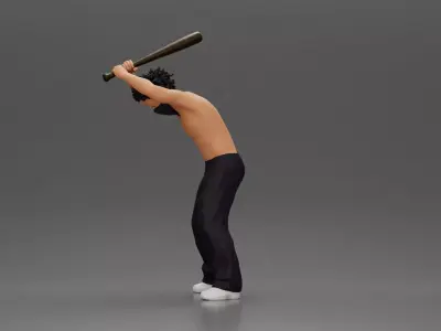 gangster man with curly hair swings baseball bat 3D print model