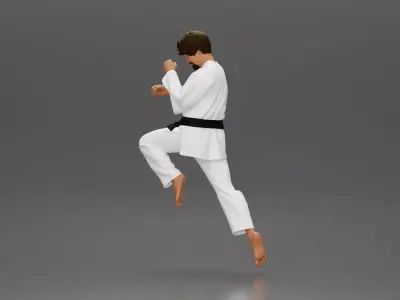 Karate Practitioner in Gi Performing a Jumping Martial Arts Move 3D print model