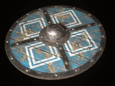 Medieval viking round shield with geometric ornament Game ready Low-poly 3D model