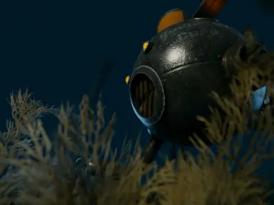 Submarine robot in tall grass at night Low-poly 3D model