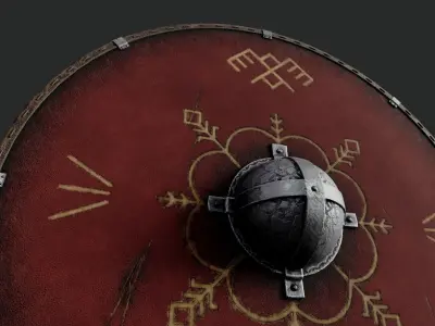 Slavic round leather shield-painted red with pagan symbol Low-poly 3D model