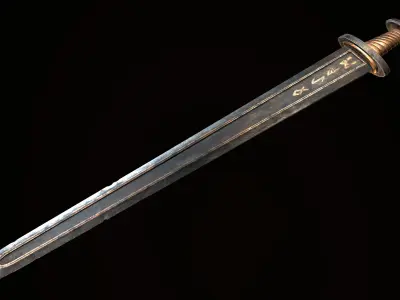 Viking sword and shield with simple ornament Low-poly 3D model