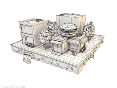 Cartoon City Block Burger Cafe Bank Low-poly 3D model