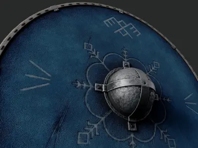 Slavic round leather shield-painted blue with pagan symbol Low-poly 3D model