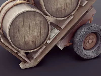 Diesel Donkey Cart with Wooden Barrels 3D model