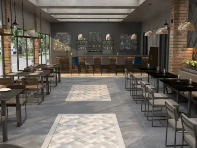 Industrial coffee bar restaurant interior design 3D model purchase