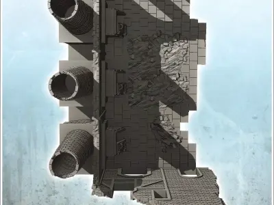 Ruined industrial building with three brick chimneys 5 - Modern  3D print model