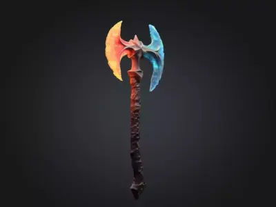 DualElement Battle Axe Fire and Ice Fantasy Game Ready 3D Weapon Low-poly 3D model