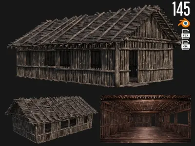 4 Old Wooden Houses Pack 4K Textures GameReady 145 to 148 Low-poly 3D model