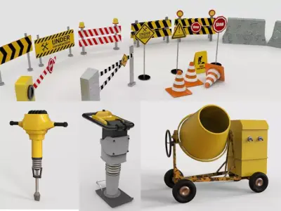 Game Ready road Construction tools kit Low-poly 3D model Low-poly 3D model