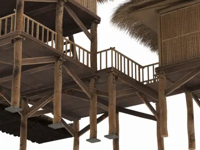 Overwater Bamboo Huts with Connecting Deck and Raft 3D model