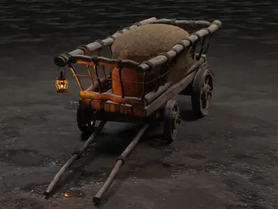 Stylized medieval cart with a lamp and hay Low-poly 3D model