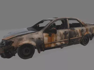 Burned Wrecked Sedan Car Post-Apocalyptic Abandoned Vehicle Low-poly 3D model