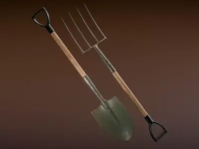 Garden Fork and Shovel Low-poly 3D model