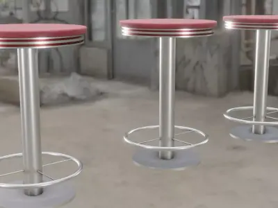 Chairs three bar stools in industrial setting 3D model