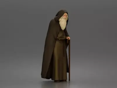 Wandering sage leans on staff wearing hooded cloak and robe 3D print model