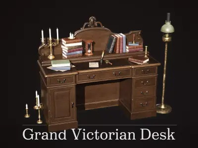 Grand Victorian Desk with Props Low-poly 3D model