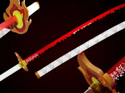 Kyojuro Rengoku Red-Orange Sword Low-poly 3D model