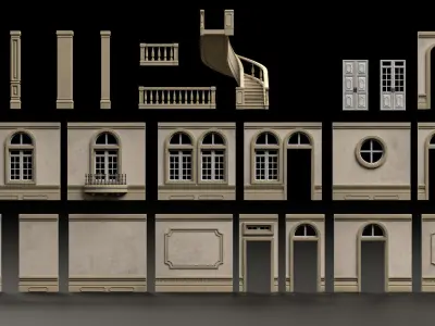CLASSIC EUROPEAN KITBASH 02 MODULAR BUILDING WITH INTERIOR Low-poly 3D model