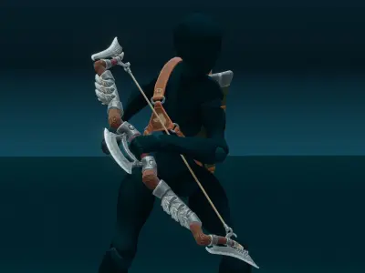 Fantasy Wooden bow with armor blades and stylized quiver Low-poly 3D model