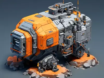 SciFi Mining Vehicle with Terrain Low-poly 3D model