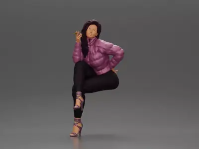 Stylish woman sitting in purple jacket posing with a cigarette 3D print model