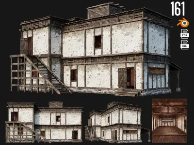 4 Old House Buildings Pack 4K Textures GameReady 161 to 164 Low-poly 3D model