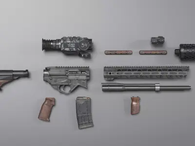AR 15 US Army and WOOX attachments Low-poly 3D model