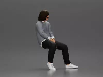 Man in Casual Sweater and Sneakers Sitting with Relaxed Posture 3D print model