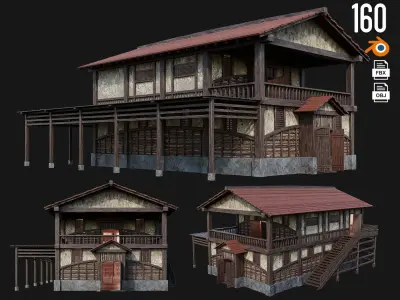 4 Medieval House Building Pack 4K Textures GameReady 157 to 160 Low-poly 3D model