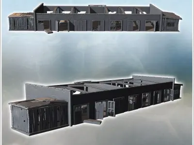 Long industrial shed with exposed beams corrugated walls and mul 3D print model