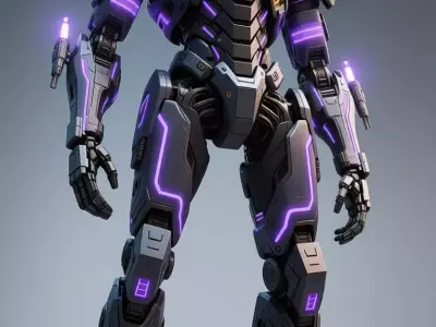 Purple Light Mech 3D Model Robot Glowing Lines Sci-Fi Design Low-poly 3D model