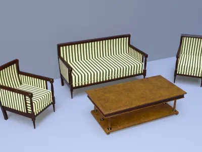 19th Sofa Armchair and Coffee Table Biedermeier Style for Daz Low-poly 3D model