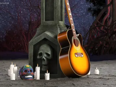  Graveyard Altar with Guitar Candles and Calavera 