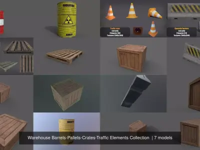 Warehouse Barrels-Pallets-Crates-Traffic Elements Collection  3D Model Pack