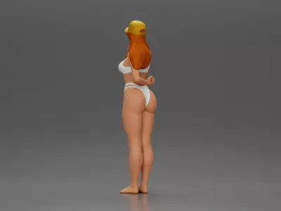 girl in white holding phone on the beach and wearing cap 3D print model