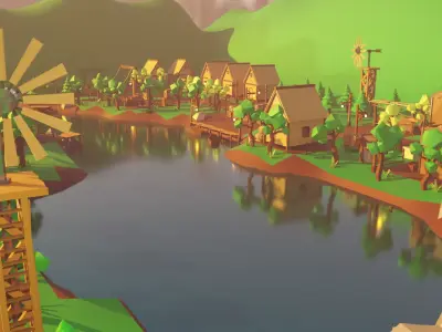 Village Scene with Detailed Environment Low-poly 3D model