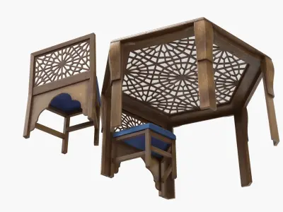Arabic Wooden Table with Blue Cushioned Chairs 3D model
