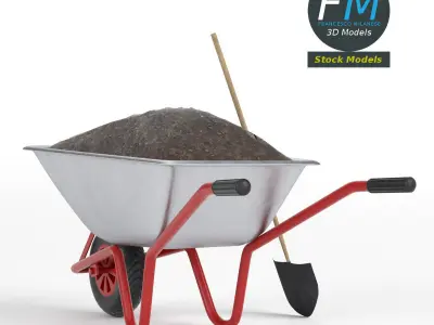 Wheelbarrow with soil and shovel 3D model