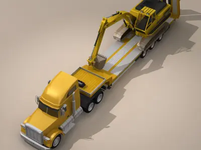 Truck with stepframe trailer and excavator 3D model