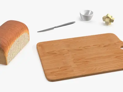 Slices of White Bread with Butter on Wooden Board 3D model