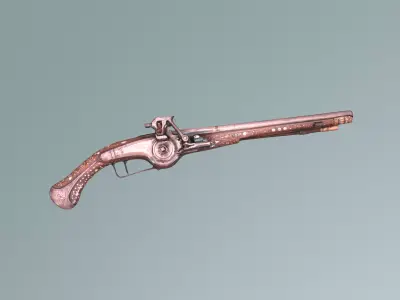 Antique Engraved Flintlock Pistol - Ottoman Ornate Weapon 3D model