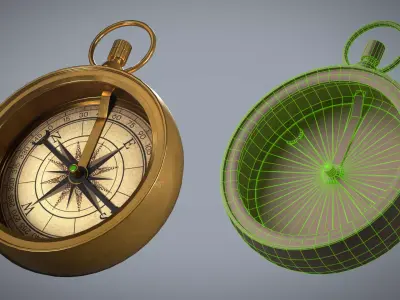 Game Ready Pristine Antique Brass Compass -  Low-poly 3D model
