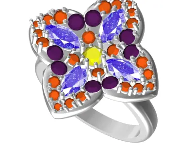 Antique Colorful Diamond Flower Engagement Ring 3D print model