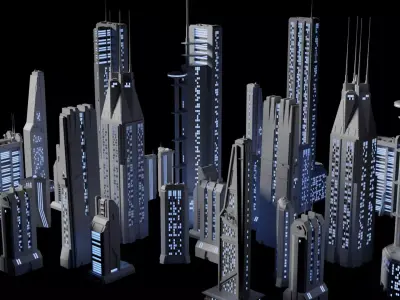 Sci-fi Buildings Kitbash with materials - Futuristic Cyberpunk 3D model