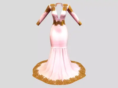 Gold Sequins Decorated Long Mermaid Evening Gown Dress Low-poly 3D model