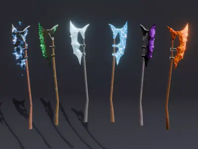 Set of 6 Elemental Battle Axes - Fantasy medieval weapon Low-poly 3D model