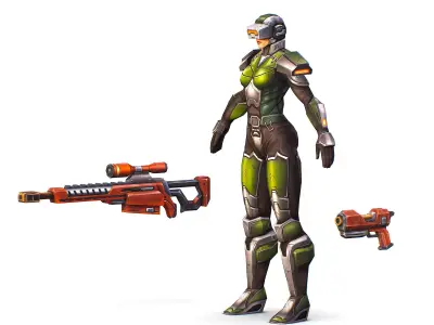 Cartoon Sci-Fi Cyborg Drone Sniper Soldier Low-poly 3D model 3